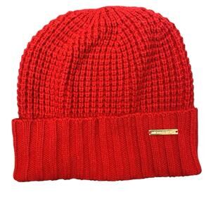 Michael Kors Women's Red Gold Logo Waffle Knit Bonnet Beanie Hat Cap One Size